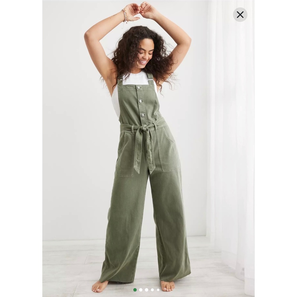 Aerie Skater Pant Overalls Olive Fun Utility Wide Leg Belted Jumpsuit Small